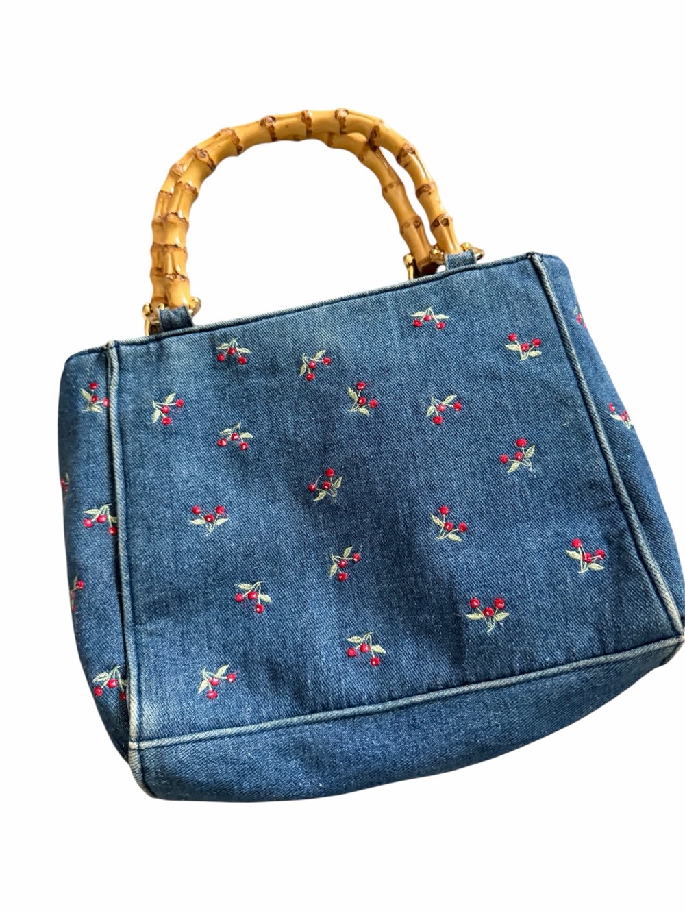 Tiannl Denim Cherry Embroidered Tote with Bamboo Handles